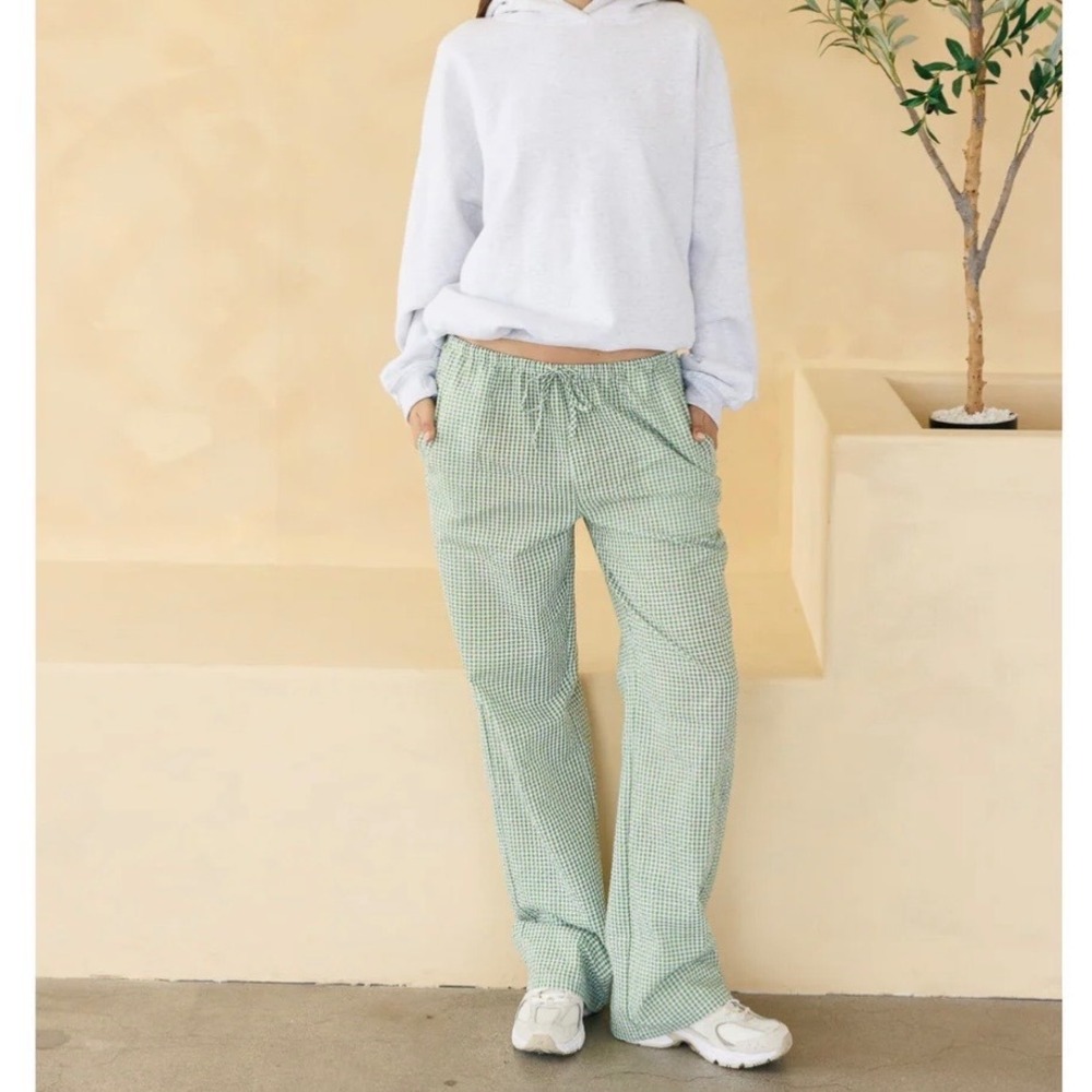Cali 1850‎ Green Sage White Gingham Seersucker Pull On Pants Boho Summer Chic L